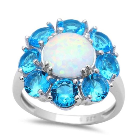 Solid .925 Sterling Silver White FIRE Opal & Blue Topaz Flower Ring - Picture 1 of 1